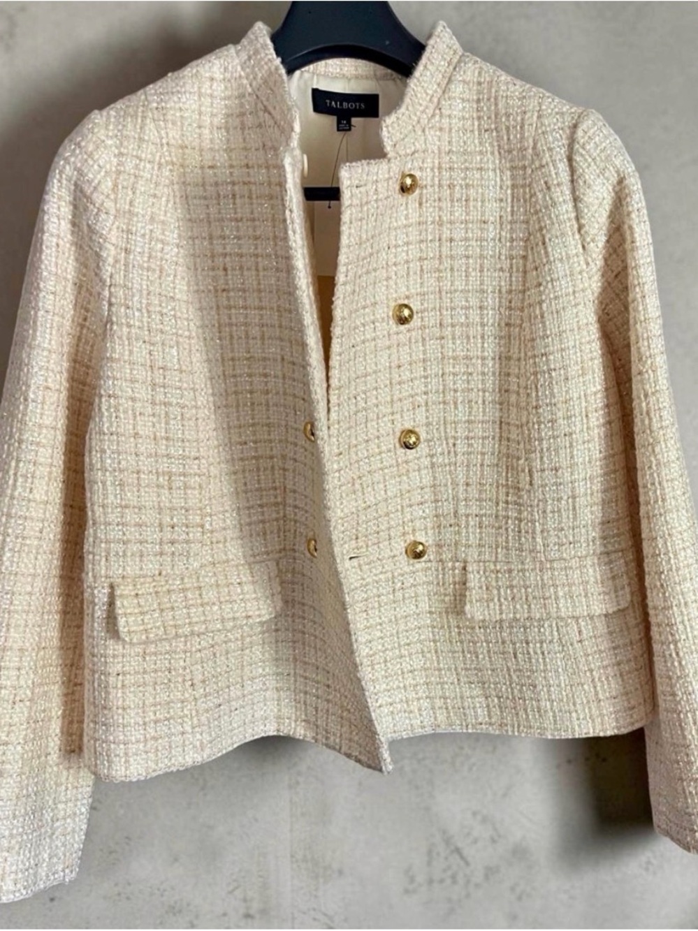 Talbots Cream Tweed Collarless Blazer with Gold Buttons